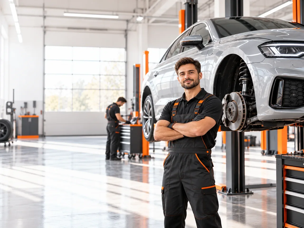 Ілюстрація: автомеханік в автосервісі поруч із автомобілем Ілюстрація: автомеханік в автосервісі поруч із автомобілем